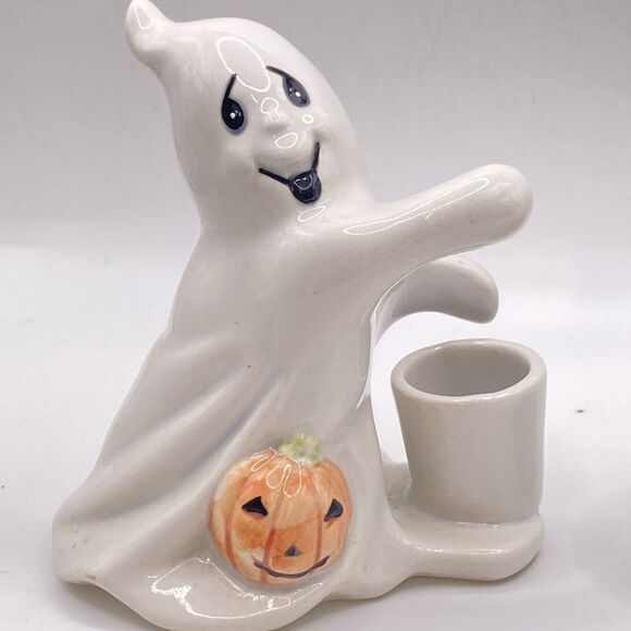 FITZ & FLOYD OMNIBUS Ghosts With Pumpkin CANDLE HOLDERS Vintage Set If 2! - Picture 2 of 6